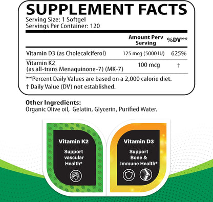 Vitamin D3 K2 5000 IU & 100 mcg MK-7 – 120 Softgels