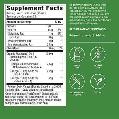 Nature's Way Organic Flax Oil Super Lignan, Cold-Pressed Flaxseed Oil with Omega-3 ALA, Unrefined Organic Liquid, 473 ml