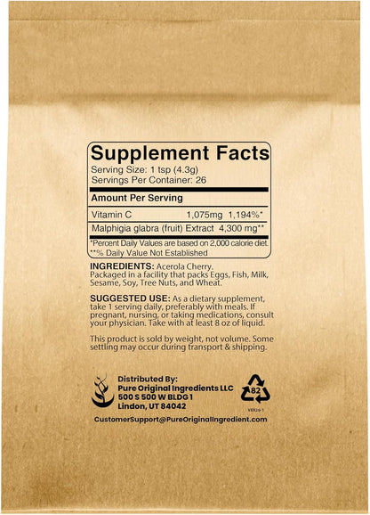 Pure Original Ingredients Acerola Cherry Powder 113g Non-GMO, Gluten-free, Eco-Friendly Packaging