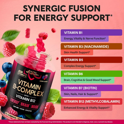 Vitamin B-Complex Gummies – Energy & Brain Support – Vegan – 60 Count