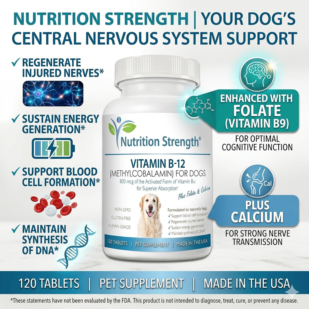 Nutrition Strength Vitamin B12 for Dogs Plus Folate & Calcium – 120 Chewable Tablets - görsel 3