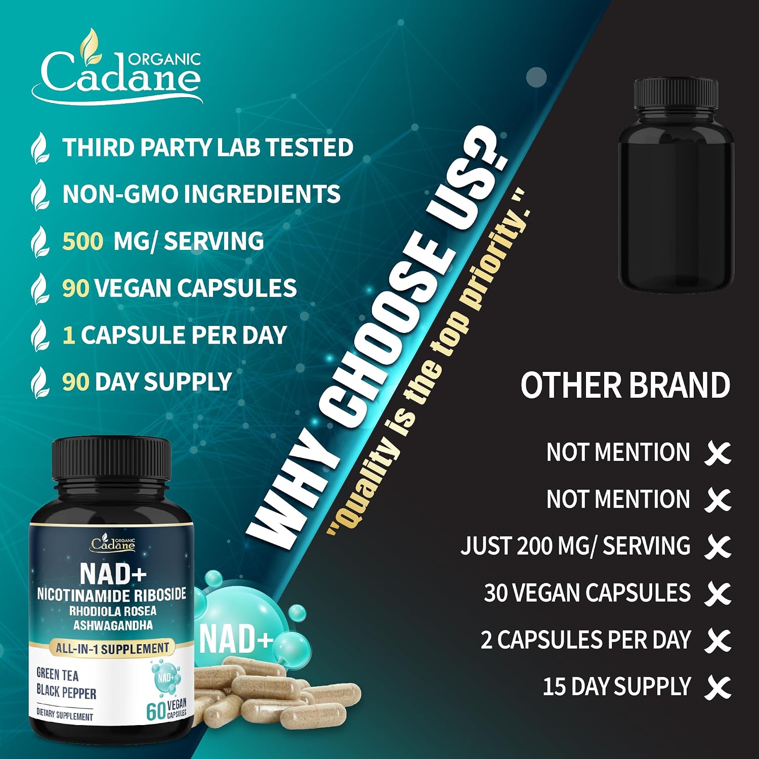 Organic Cadane Nicotinamide Riboside Supplement | Cellular Health Support | Vegan, Non-GMO – 90 Capsules - görsel 6