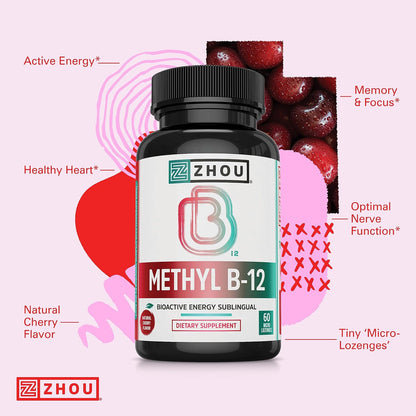 Zhou Methyl B12 - Methyl B-12 Supplement for Adults, Vitamin B12 5000 mcg, Vegan Friendly, Energy Metabolism and Nervous System Support, Methylcobalamin - 60 Micro Lozenges
