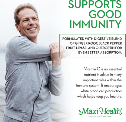 Maxi Health Vitamin C 1000mg – Gentle on Stomach Liposomal Vitamin C Supplement for Normal Immune Function – Digestive Blend with Quercetin, Ginger, Black Pepper – Vegan, Kosher, 90 Count, 90-Day Supply