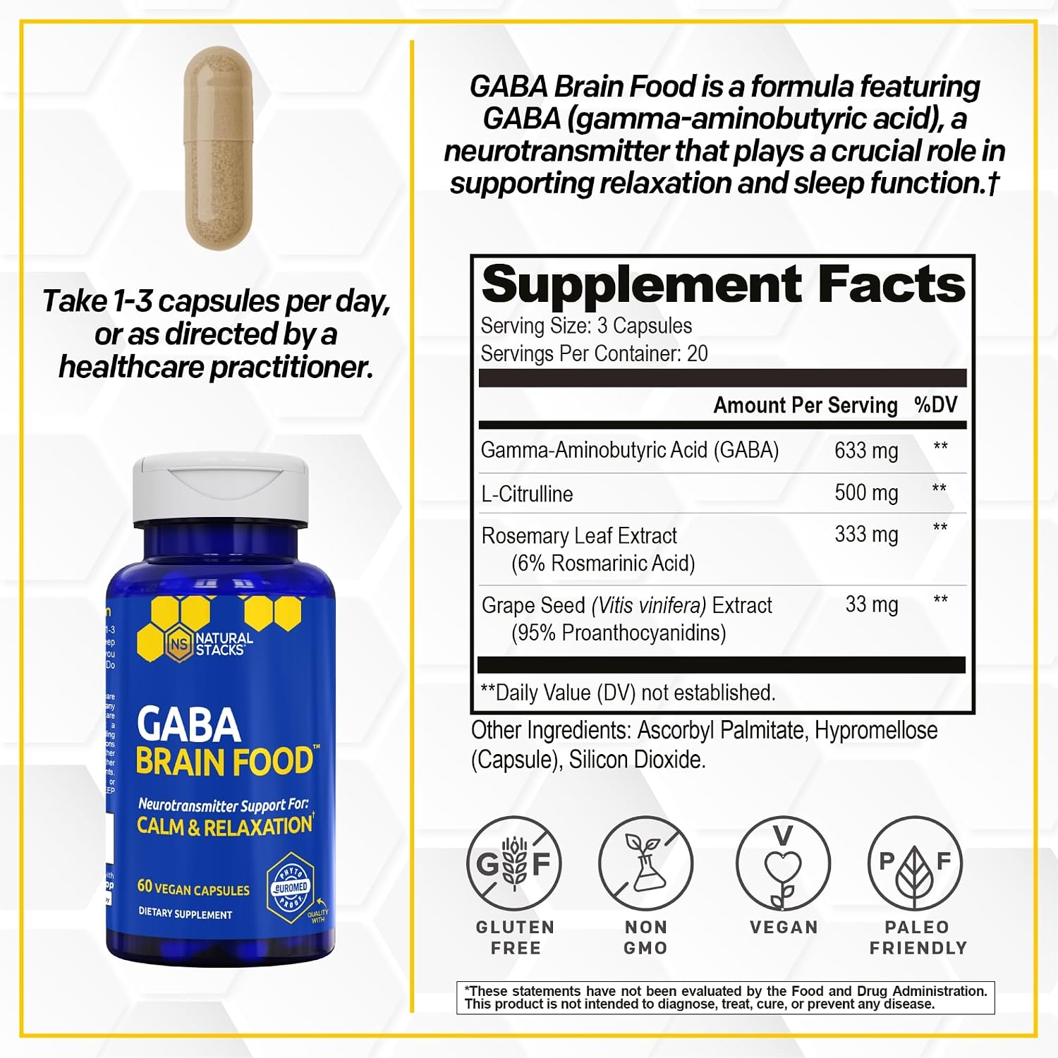 GABA Brain Food - GABA Supplement with L-Citrulline and Grape Seed Extract, 60 Capsules - görsel 2
