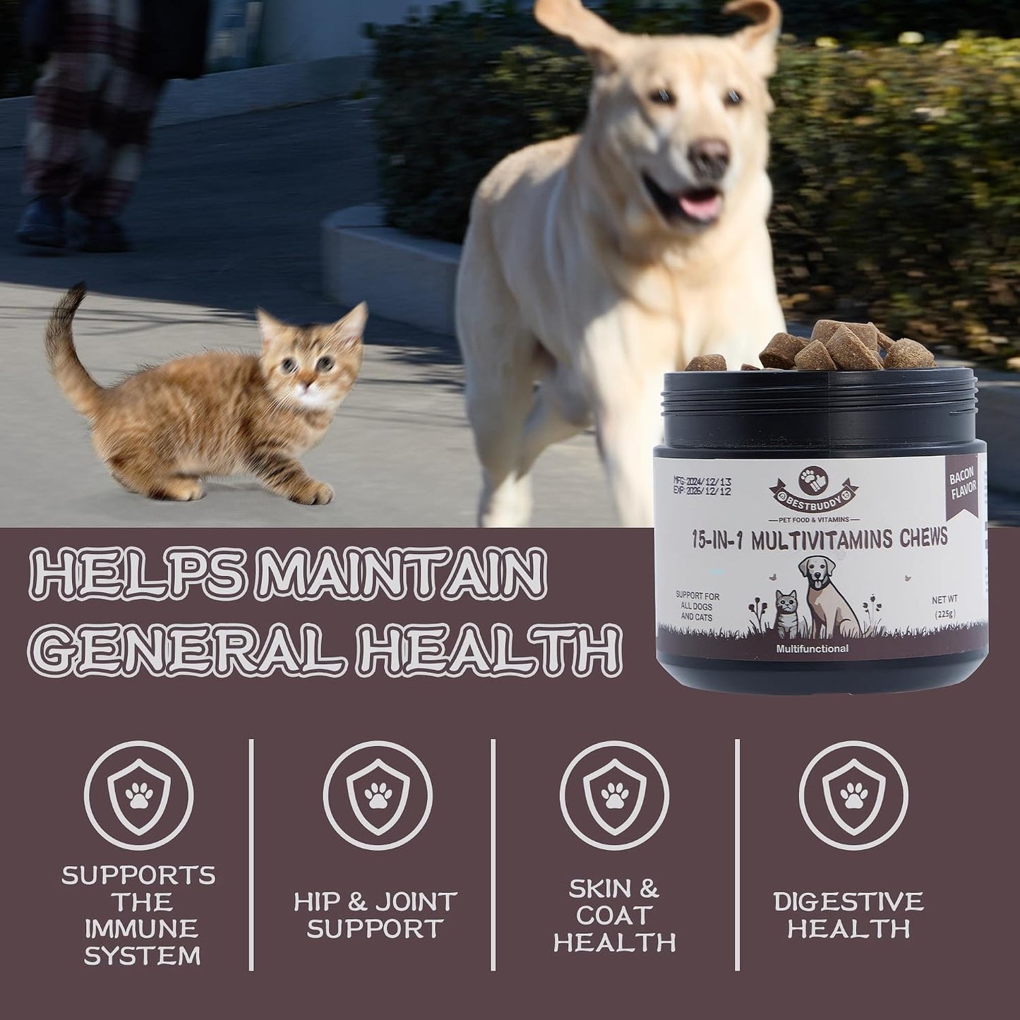 Best Buddy Multivitamin 15-in-1 Chews for Dogs & Cats, Bacon/Pork Flavour, 225g - görsel 4