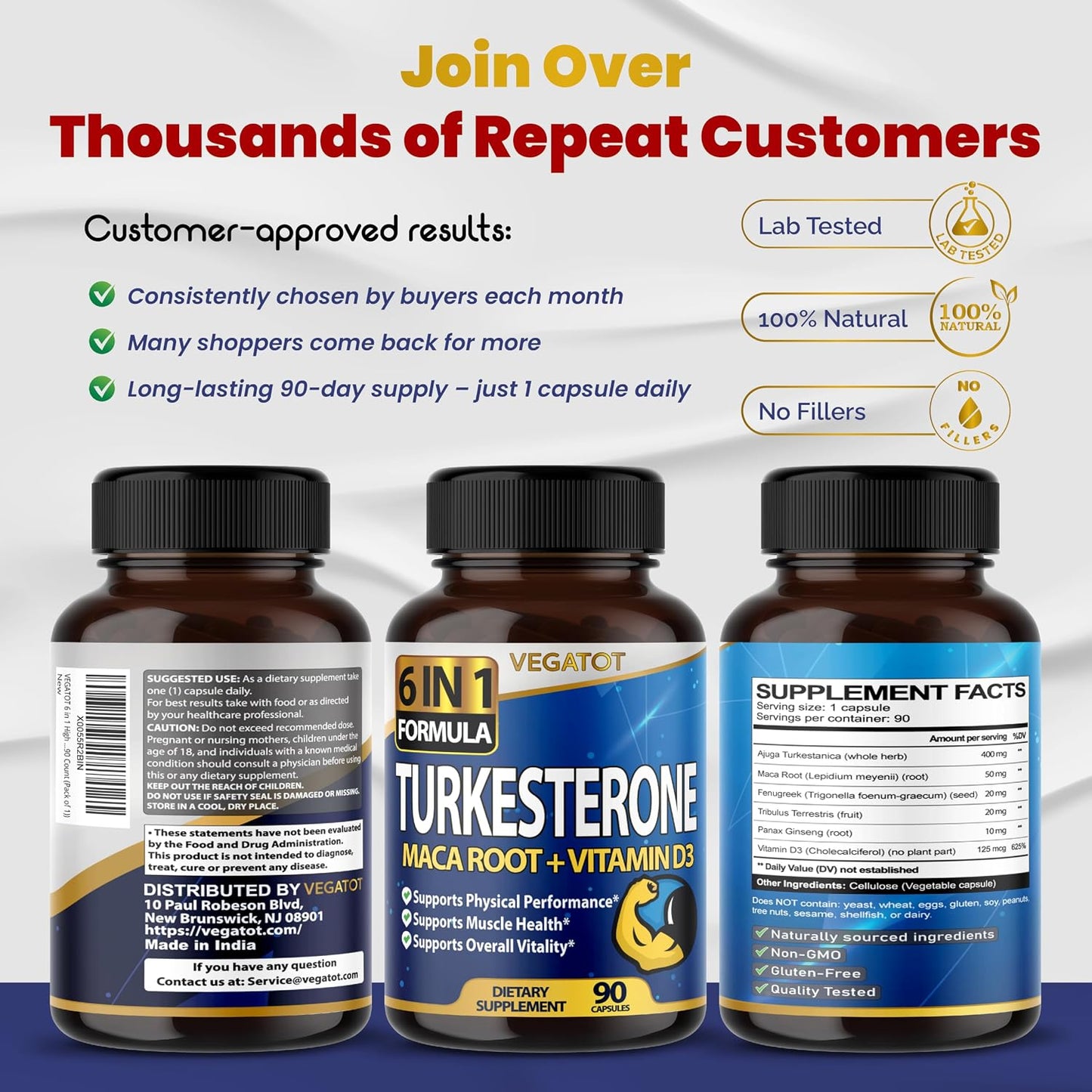 VEGATOT 6 in 1 High Strength Turkesterone with Maca Root, Fenugreek, Tribulus, Ginseng, and Vitamin D3 - 90 Capsules - görsel 9