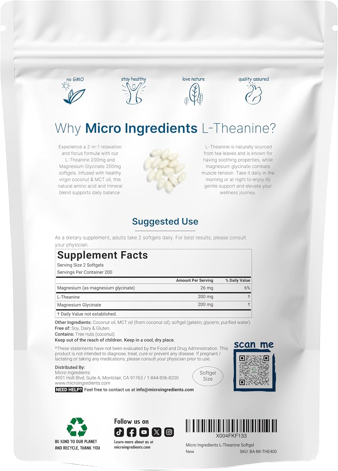 Micro Ingredients L-Theanine 200mg with Magnesium Glycinate – 400 Soft gel capsules - görsel 2