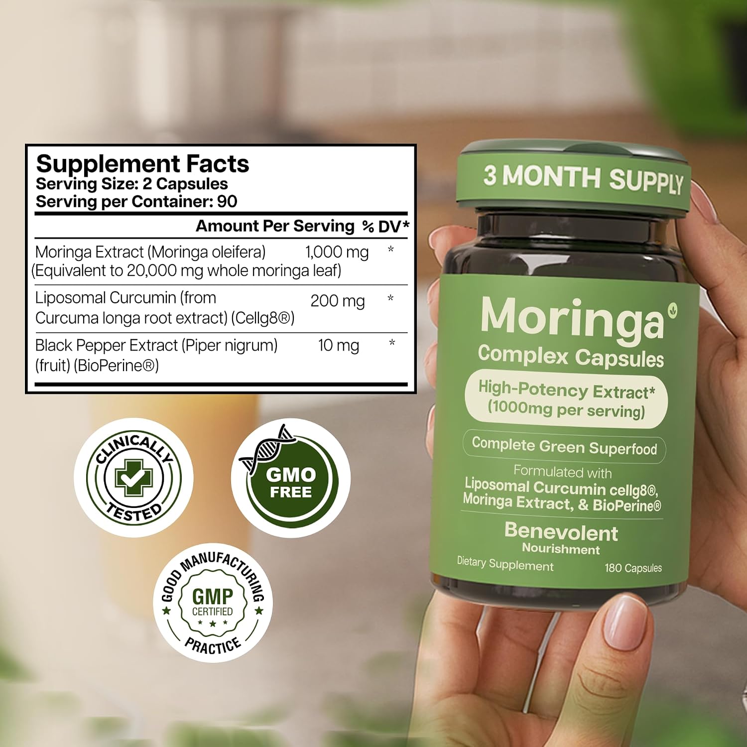 Benevolent Moringa Capsules with Liposomal Curcumin & BioPerine – 180 Capsules - görsel 8