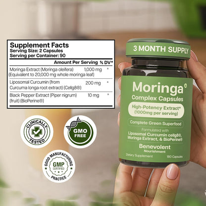 Benevolent Moringa Capsules with Liposomal Curcumin & BioPerine – 180 Capsules