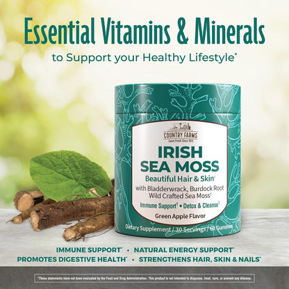 Country Farms Irish Sea Moss Gummies - 2000mg Triple Blend (Irish Moss, Burdock Root, Bladderwrack) - Vegan, Gluten-free - Green Apple