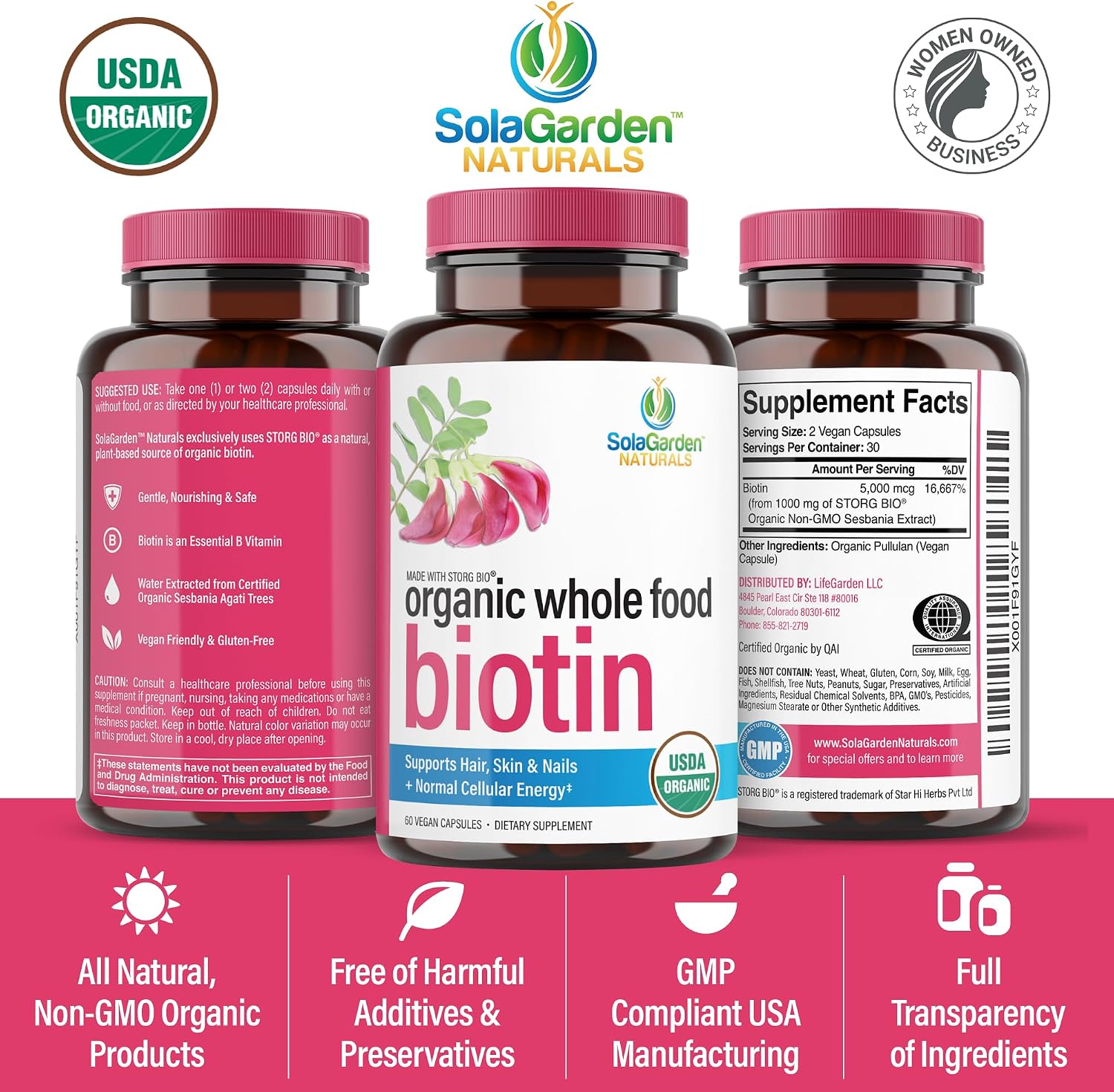 USDA Organic Whole Food Biotin Supplement - 5000 mcg Plant-Based Biotin from Sesbania Agati - Non-GMO Vegan Capsules for Hair, Skin, and Nails - 60 Count - görsel 6