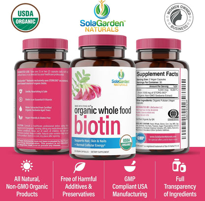 USDA Organic Whole Food Biotin Supplement - 5000 mcg Plant-Based Biotin from Sesbania Agati - Non-GMO Vegan Capsules for Hair, Skin, and Nails - 60 Count
