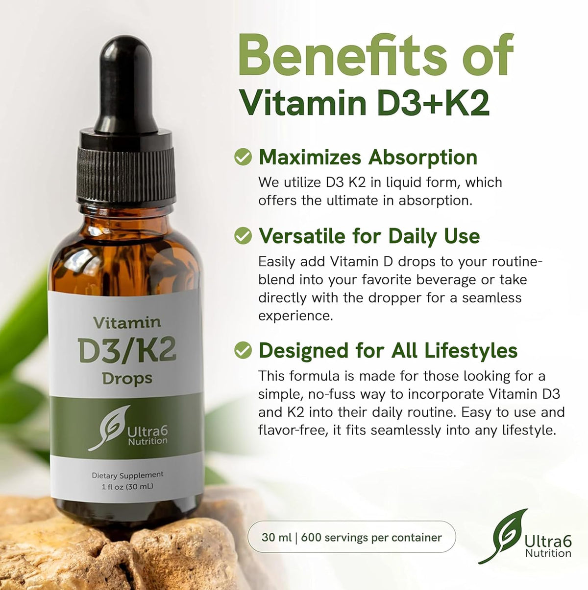 Ultra6 Nutrition Vitamin D and K2 Drops – Liquid Vitamin D3 with K2 Food Supplement for Adults, 30 ml - görsel 2