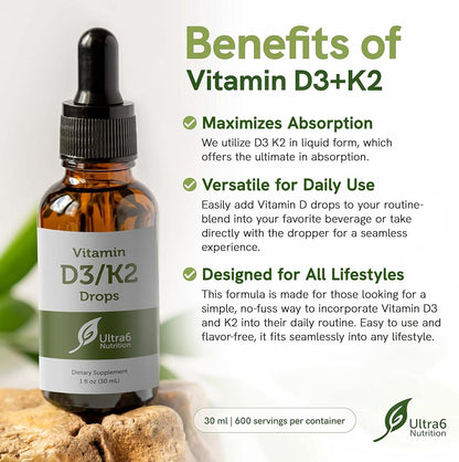 Ultra6 Nutrition Vitamin D and K2 Drops – Liquid Vitamin D3 with K2 Food Supplement for Adults, 30 ml