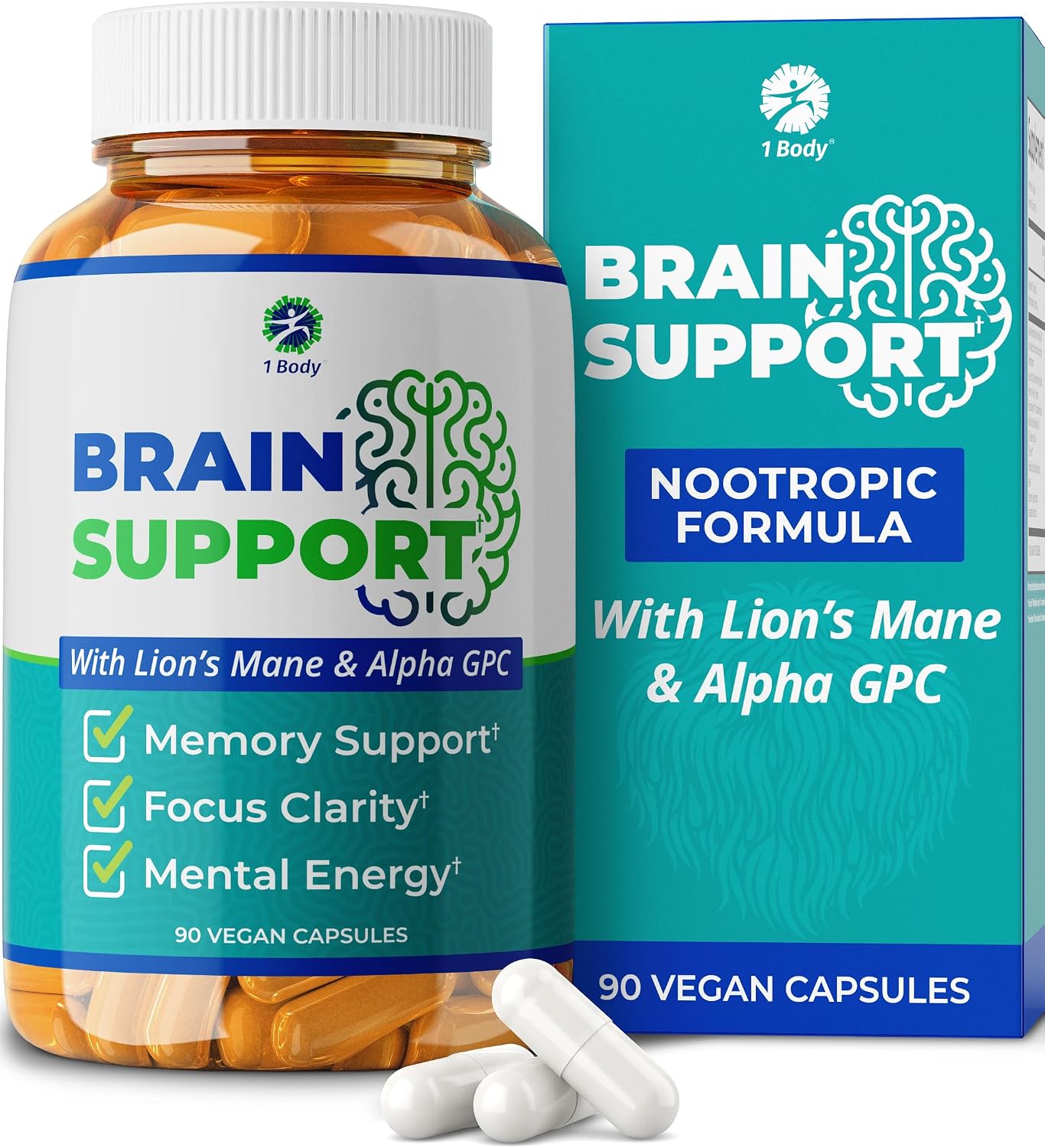 1 Body Brain Supplement - Nootropic with Alpha GPC, Ginkgo & Bacopa - 90 Vegan Capsules - görsel 1