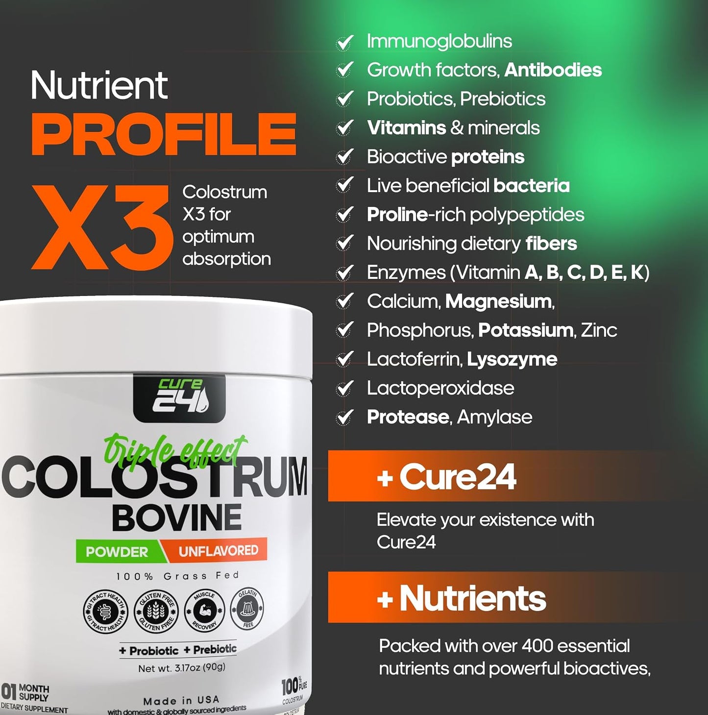 Cure24 Bovine Colostrum X3 Powder - Grass Fed, High IgG, Probiotic & Prebiotic, Unflavoured - görsel 5
