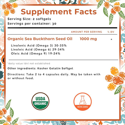 Organic Sea Buckthorn Seed Oil Soft gel capsules – Omega-3, 6 & 9 for Hair, Skin & Nail Health – 120 Soft gel capsules