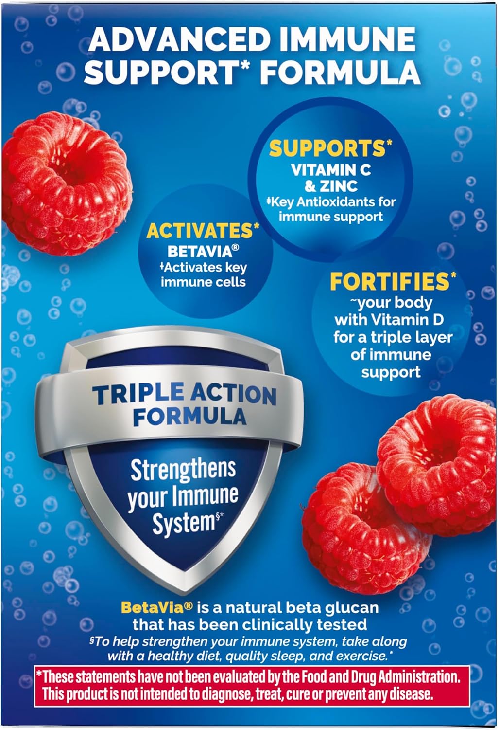 Emergen-C Immune+ Triple Action Immune Support Powder, BetaVia, 1000mg Vitamin C, B Vitamins, Vitamin D and Antioxidants, Raspberry Flavour – 30 Count - görsel 10