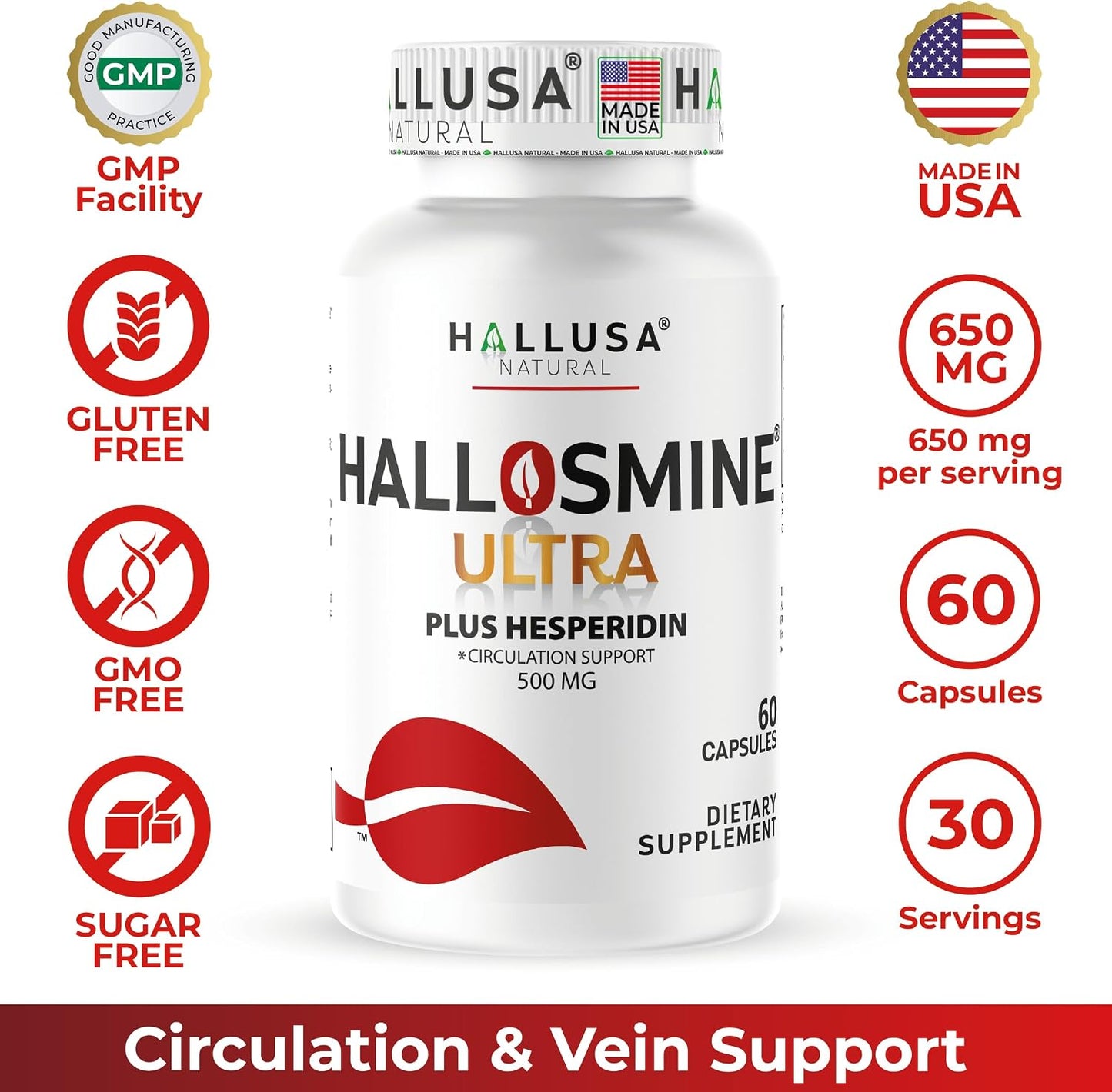 Hallusa Natural Hallosmine Ultra Diosmin 500mg & Hesperidin 150mg – Blood Circulation Support, 60 Capsules - görsel 8