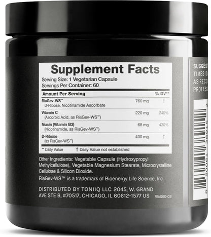 Toniiq Ultra High Potency NAD+ Supplement – RiaGev Complex with D-Ribose, Niacin, and Nicotinamide