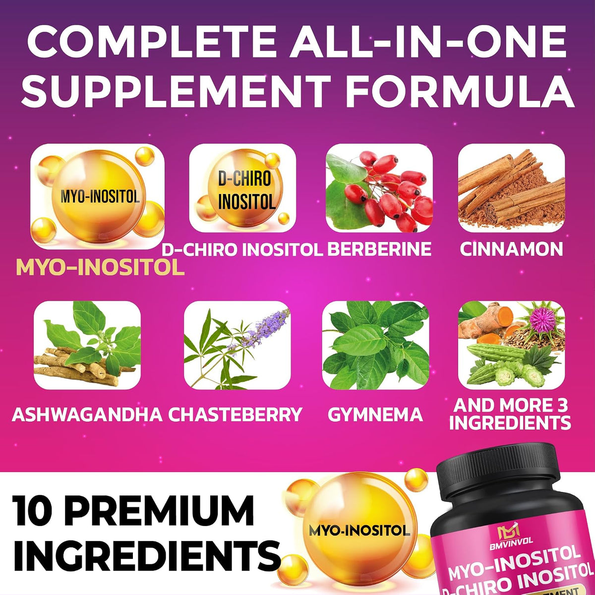 BMVINVOL Inositol Supplement - Myo-Inositol and D-Chiro Inositol Ideal 40:1 Ratio - Plus Berberine, Cinnamon, Ashwagandha + 5 More - 150 Capsules - görsel 3