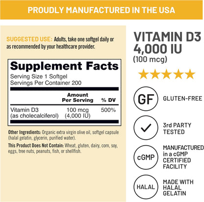 NatureWise Vitamin D3 4000 IU (100 mcg) for Immune, Muscle and Bone Health - Non-GMO, Gluten-free, Organic Extra Virgin Olive Oil, 200 Mini Softgels