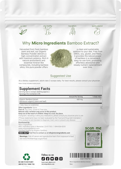 Micro Ingredients Organic Bamboo Extract Powder (227 g, 378 Servings) – Natural Silica Supplement