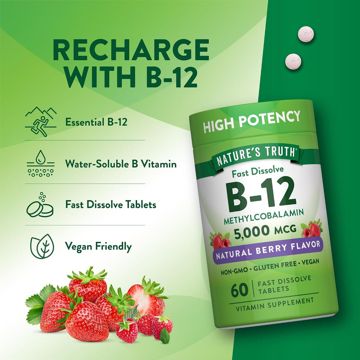 Nature's Truth Vitamin B12 5000μg Fast Dissolve Tablets, Natural Berry, 60 Tablets - görsel 5