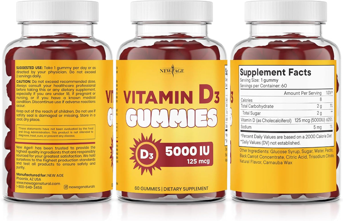 NEW AGE Vitamin D3 5000 IU Gummies - Immune Support - Non-GMO, Gluten-Free, Dairy-Free - 120 Gummies (Pack of 2) - görsel 8