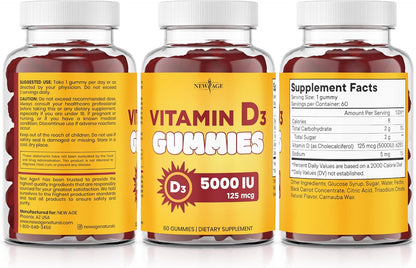 NEW AGE Vitamin D3 5000 IU Gummies - Immune Support - Non-GMO, Gluten-Free, Dairy-Free - 120 Gummies (Pack of 2)