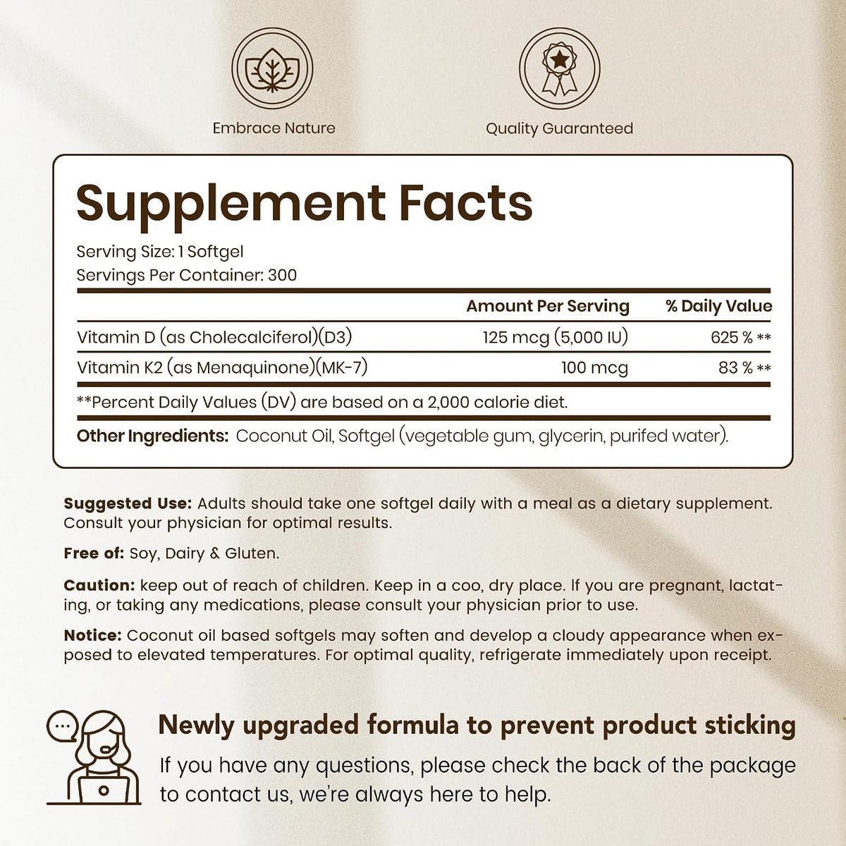 VEV Corefeel Vitamin D3 K2, 5000 IU D3 & 100mcg K2 (MK-7), 300 Soft gel capsules - görsel 2
