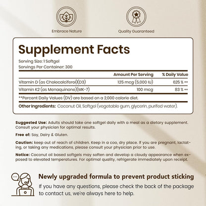 VEV Corefeel Vitamin D3 K2, 5000 IU D3 & 100mcg K2 (MK-7), 300 Soft gel capsules