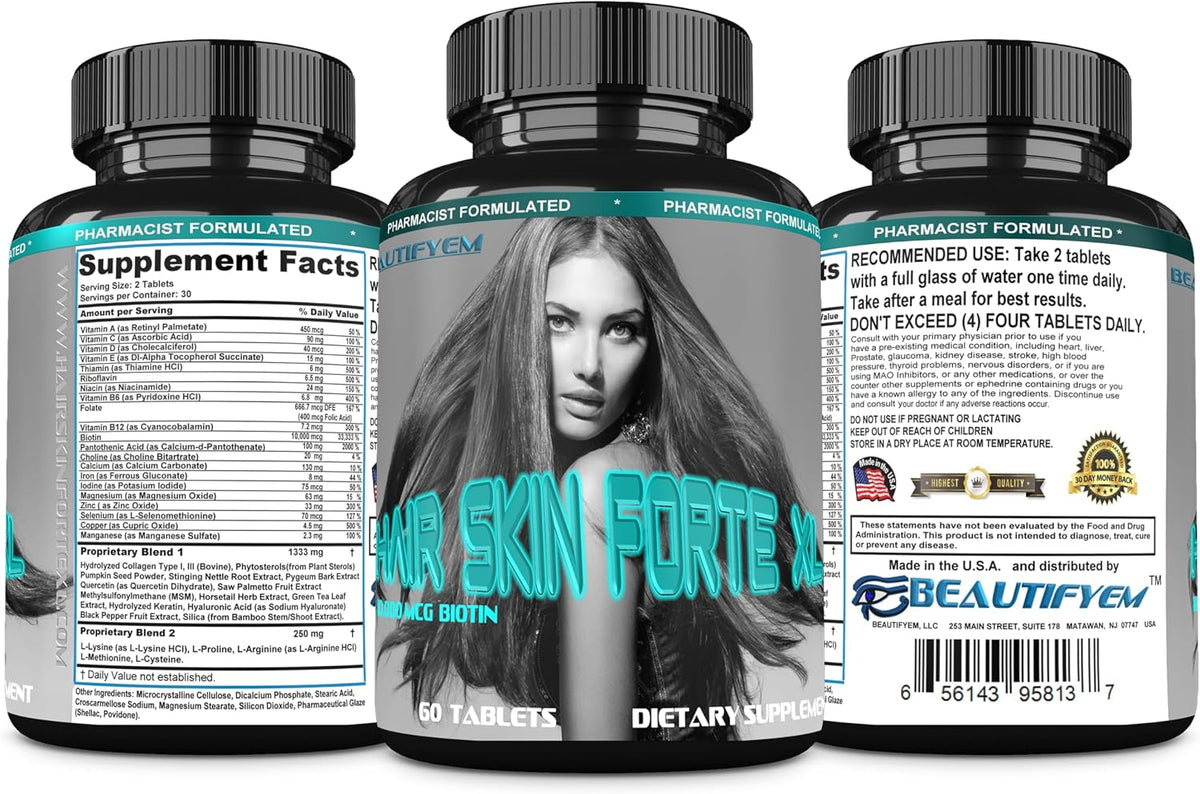 Hair Skin Forte XL Hair & Skin Growth Complex 10,000 mcg Biotin + Collagen Peptides - 60 Tablets - görsel 8