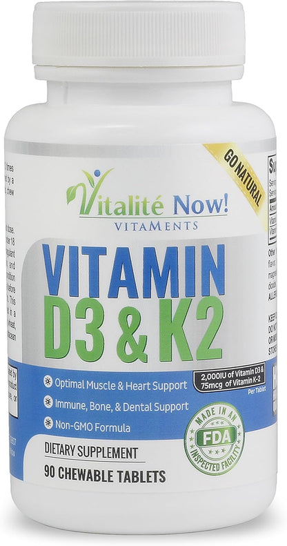 Vitalité Now! Vitamin D3 2000 IU + K2 MK7 Chewable Tablets - Cherry Flavour - 90 Tablets
