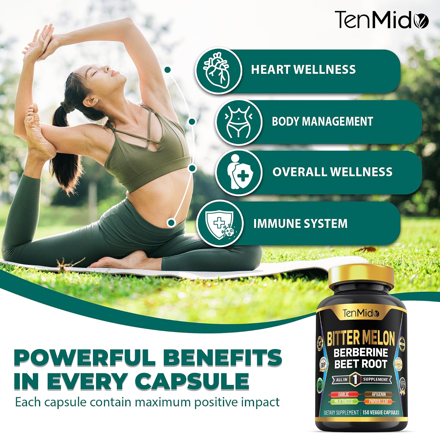 Tenmido Bitter Melon Capsules - 8in1 Formula with Berberine, Beet Root, Garlic, Milk Thistle, Apigenin, Papaya Leaf & Black Pepper (150 Vegan Capsules) - görsel 5