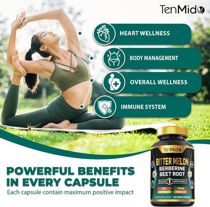 Tenmido Bitter Melon Capsules - 8in1 Formula with Berberine, Beet Root, Garlic, Milk Thistle, Apigenin, Papaya Leaf & Black Pepper (150 Vegan Capsules)