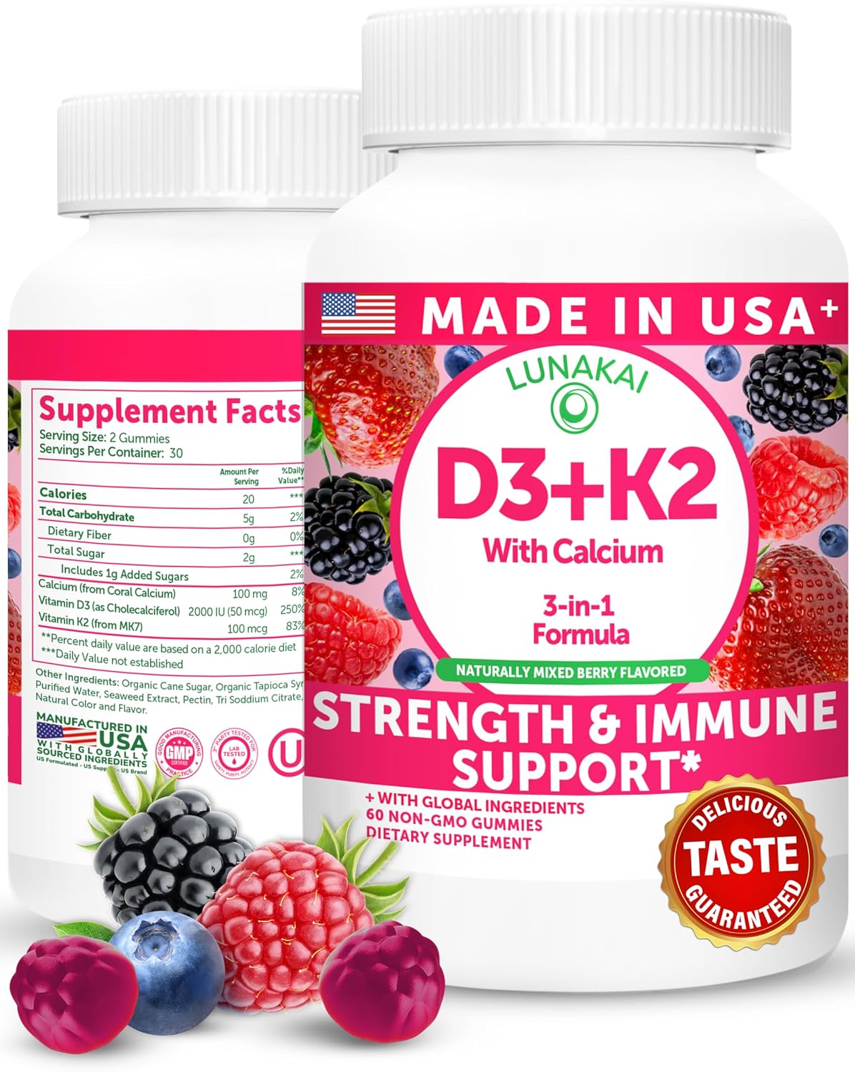 Lunakai Vitamin D3 K2 Gummies with Calcium – Vegan, 2000 IU D3 + 100 mcg K2 (MK7) + 100 mg Calcium – 60 Count - görsel 1