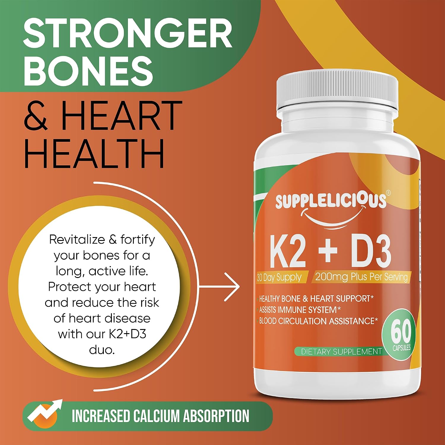 K2 + D3 with Calcium – Bone & Heart Health Supplement – Immune Support, 200mg per Serving, 60 Capsules – Non-GMO, Gluten-free, Made in USA - görsel 6