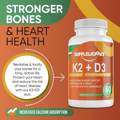 K2 + D3 with Calcium – Bone & Heart Health Supplement – Immune Support, 200mg per Serving, 60 Capsules – Non-GMO, Gluten-free, Made in USA