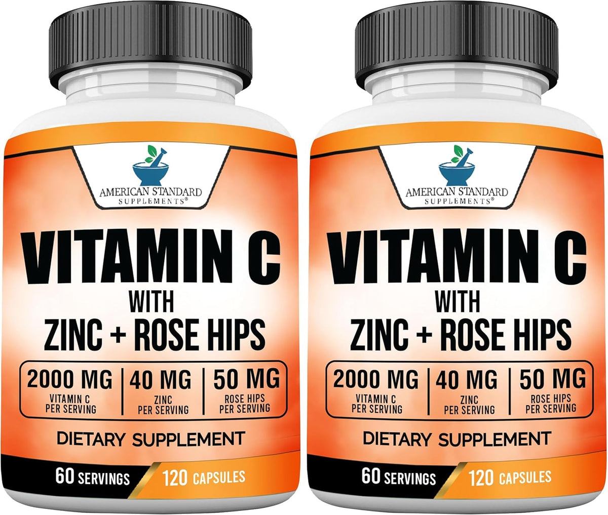 American Standard Supplements Vitamin C 2000mg, Zinc 40mg, and Rose Hips 50mg Per Serving, 120 Capsules - görsel 10