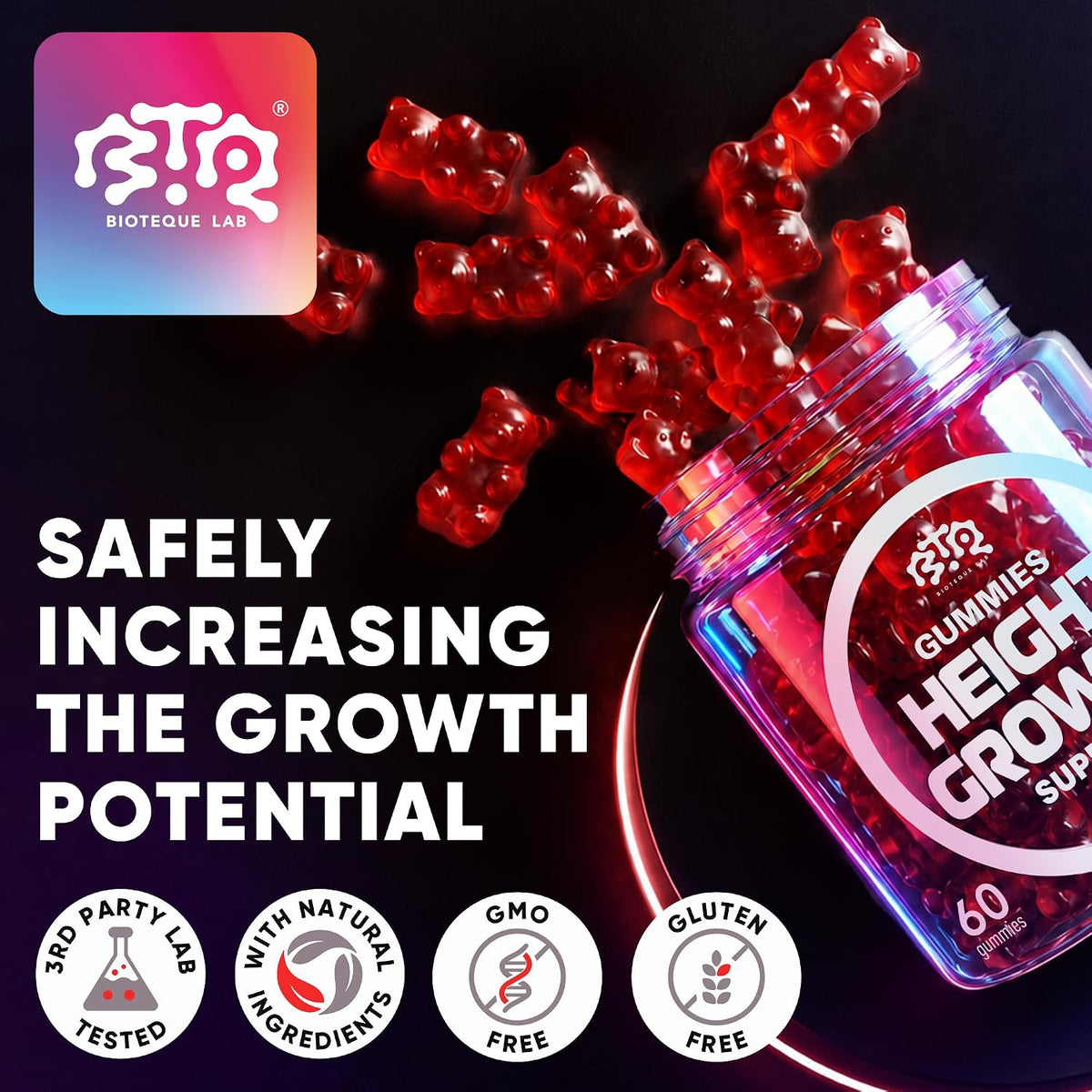 BIOTEQUELAB Height Growth Increase Gummies - Calcium, Magnesium, Zinc, Ashwagandha, Glucosamine Multivitamin for Teens, Kids, Adults - görsel 3