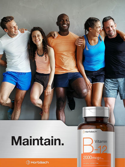 Horbäach B12 Vitamin 2000 mcg | 200 Vegetarian Tablets | Non-GM & Gluten-free