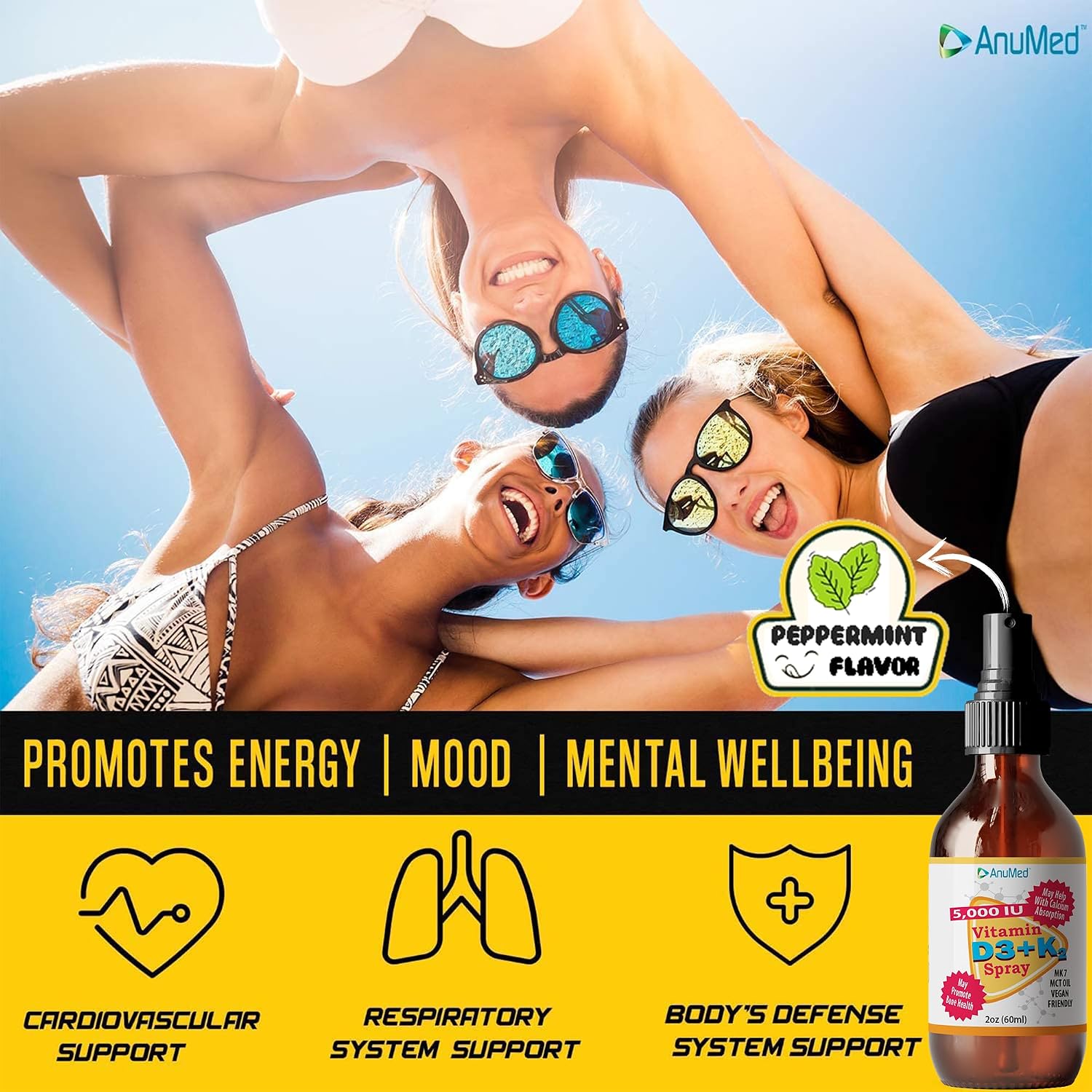 Vitamin D3 K2 5,000 IU Liquid Spray with Organic MCT Oil, Vitamin A (Retinol) 1250mcg, K2 (MK4, MK7) – Promotes Heart, Bones, Immune System – 100% Vegan, Non-GMO, No Sugar Added (60ml, Peppermint) - görsel 6