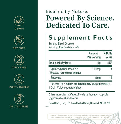 Gaia Herbs PRO Rhodiola Root Extract – Adaptogen & Energy Support – 60 Phyto-Caps