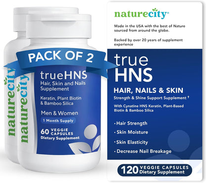 NatureCity True-HNS Hair Nails and Skin Cynatine Keratin and Plant Based Biotin Vitamin Supplement | Fuller and Stronger Hair and Nails | Non-GMO | 60 Veggie Capsules