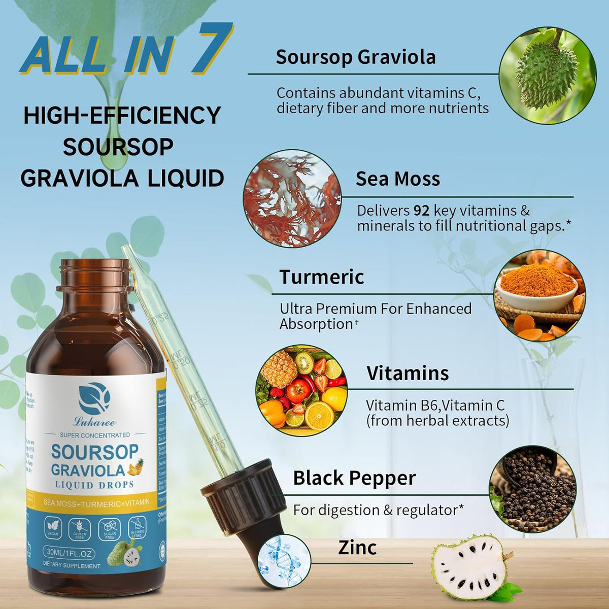 (2 Pack) Soursop Graviola Leaf Extract Liquid Drop Plus Pure Botanical Sea Moss for Cell Support & Regeneration, Immunity and Gut Health, Soursop Bitters Liquid – Full Texture, Pineapple Flavour, 30 ml - görsel 2