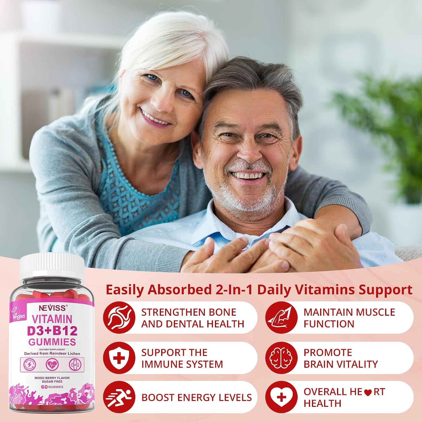 NEVISS 2-Pack Vegan Vitamin D3 + Vitamin B12 Gummies, High Potency D3 5000IU & 1000mcg Methylated B12, Vitamin D3 and B12 for Adults, Support Bone Health, Immune & Energy Supplement, 120 Count - görsel 5