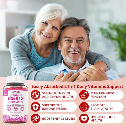 NEVISS 2-Pack Vegan Vitamin D3 + Vitamin B12 Gummies, High Potency D3 5000IU & 1000mcg Methylated B12, Vitamin D3 and B12 for Adults, Support Bone Health, Immune & Energy Supplement, 120 Count