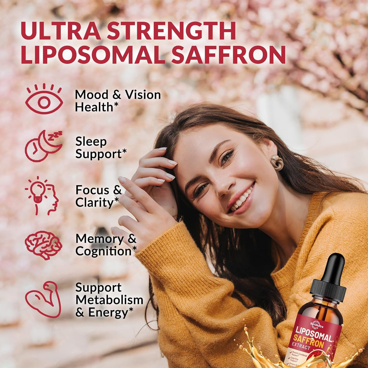 ReviNutra Saffron Liposomal Liquid Drops - 88.5mg Saffron Extract with Ashwagandha, Magnesium, L-Theanine, Zinc, B6 & D3 - Mood, Stress, Focus and Vision Support - Strawberry Flavour - 60 ml - görsel 2
